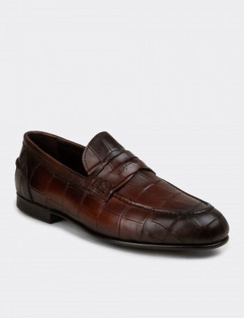 Men's Brown Crocodile Pattern Leather Loafer - 02049MKHVC01