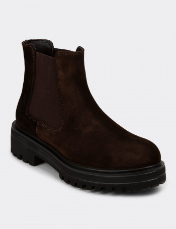 Women's Brown Suede Leather Chelsea Boots - 01801ZKHVE06