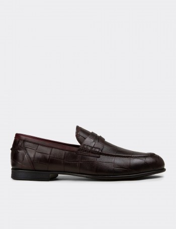 Men's Burgundy Crocodile Patterned Loafers