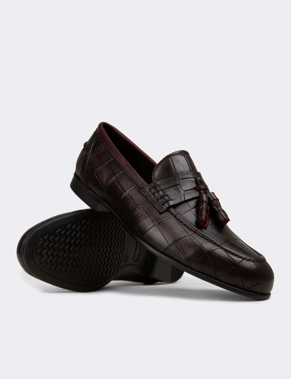 Men's Burgundy Leather Tassel Loafers - 02050MBRDC01