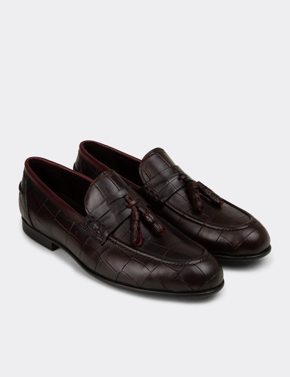 Men's Burgundy Leather Tassel Loafers - 02050MBRDC01