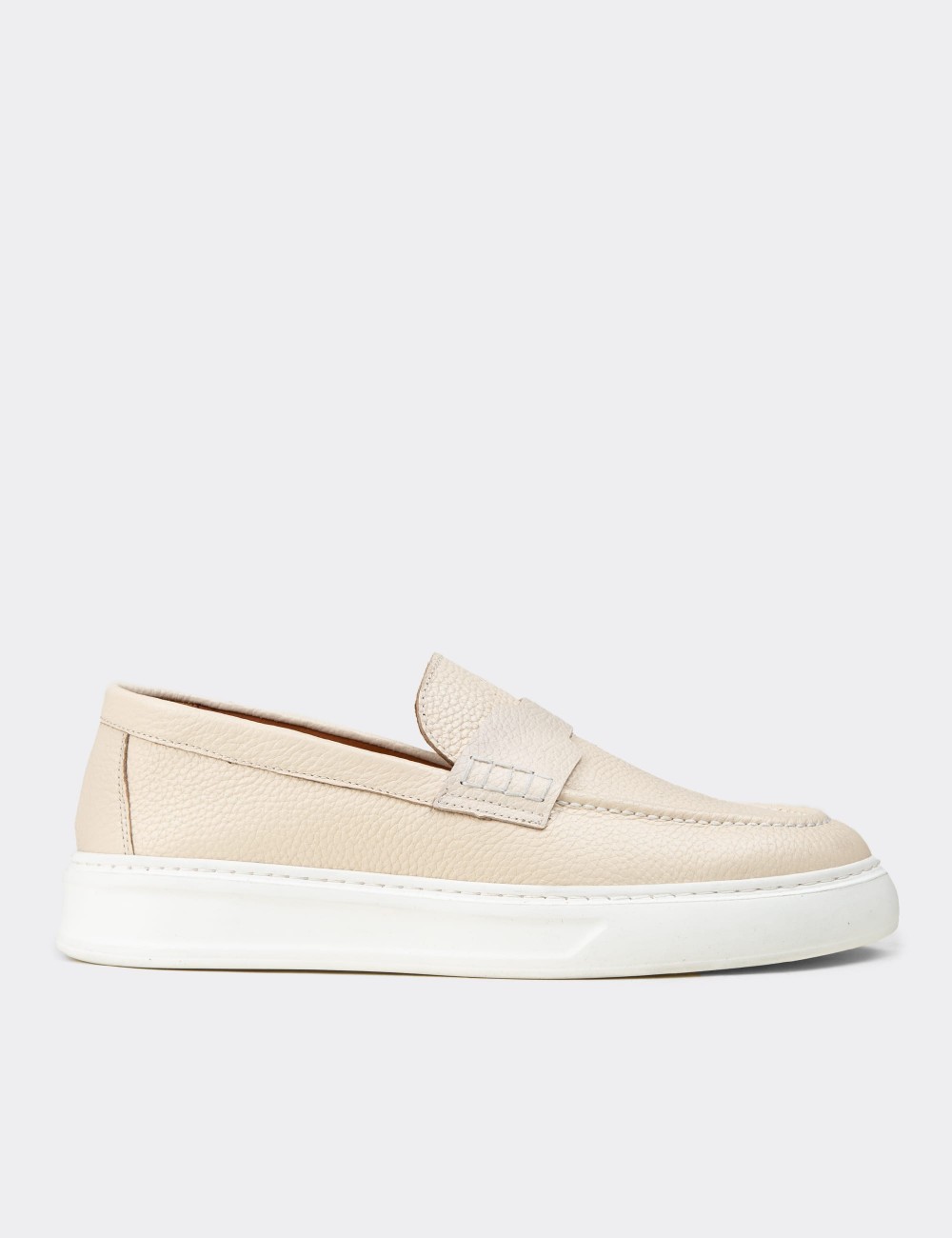 Men's Beige Leather Loafers - 02043MBEJP01