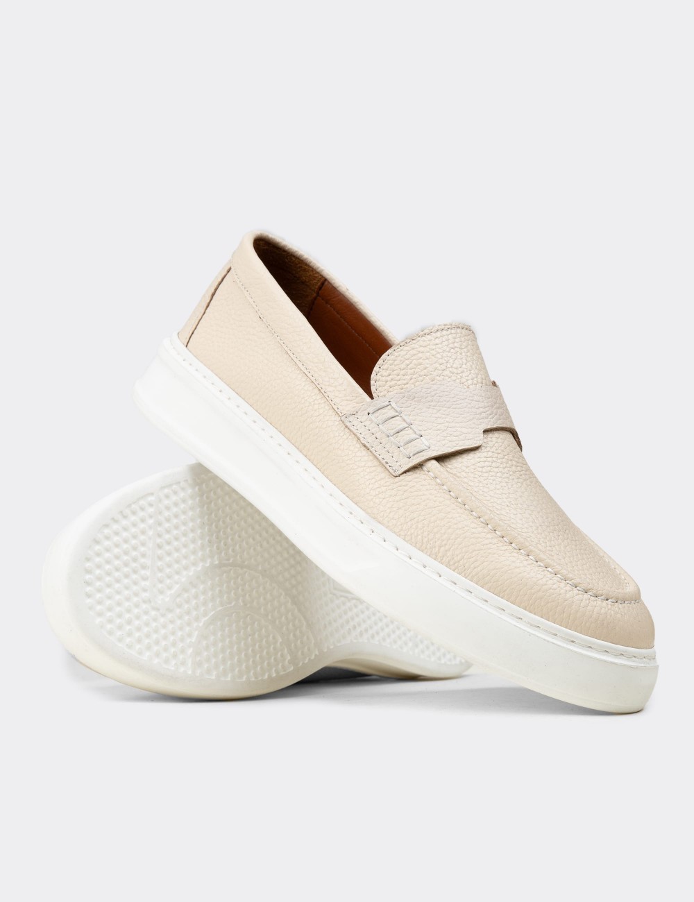 Men's Beige Leather Loafers - 02043MBEJP01