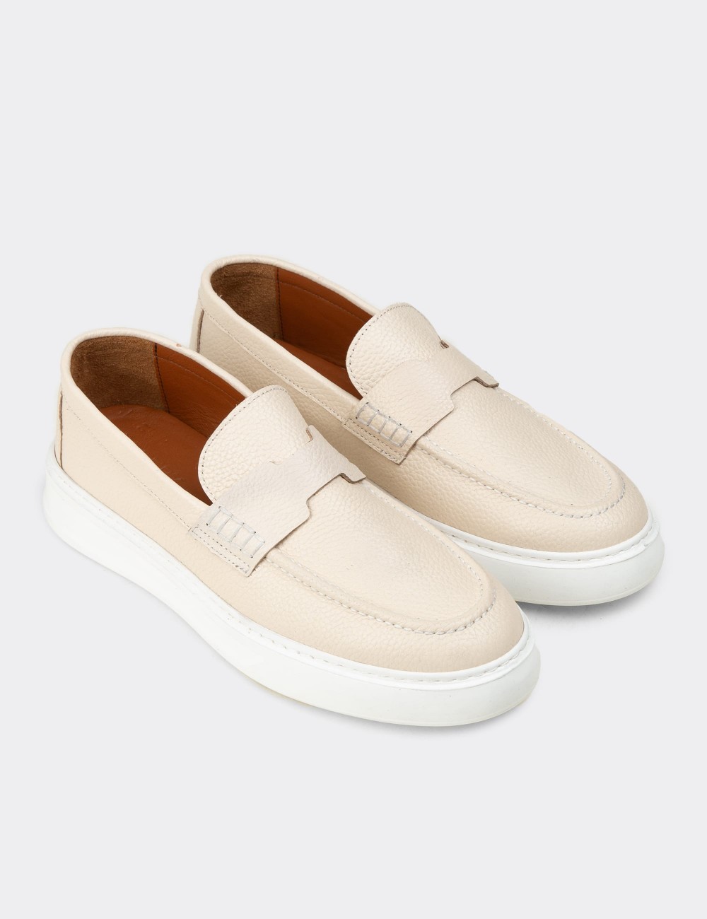 Men's Beige Leather Loafers - 02043MBEJP01