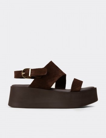 Women's Brown Suede Leather Sandals - 24307ZKHVC02