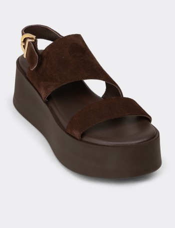 Women's Brown Suede Leather Sandals - 24307ZKHVC02