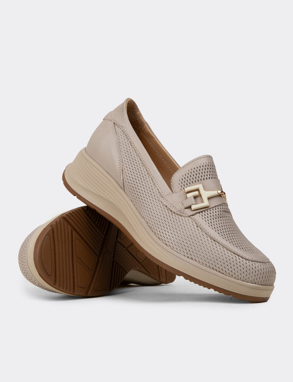 Women's Beige Leather Loafers - N0277ZBEJC01