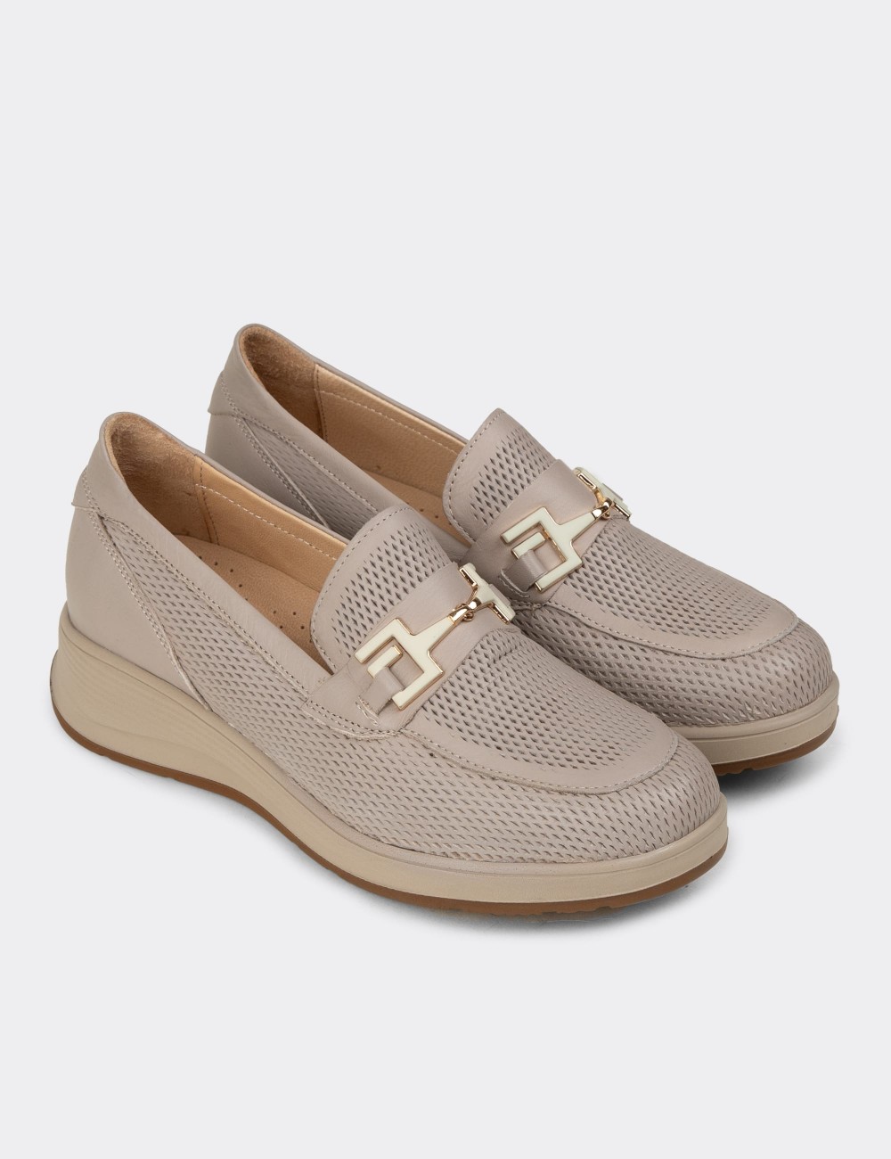 Women's Beige Leather Loafers - N0277ZBEJC01