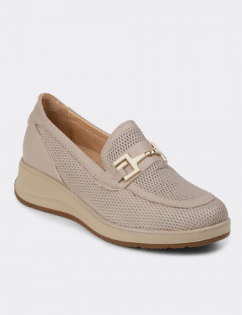 Women's Beige Leather Loafers
