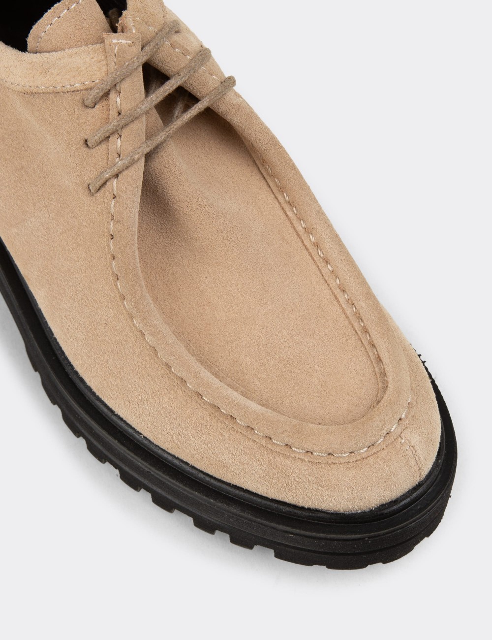 Women's Beige Suede Leather Lace-Up Footwear - 02019ZBEJE02
