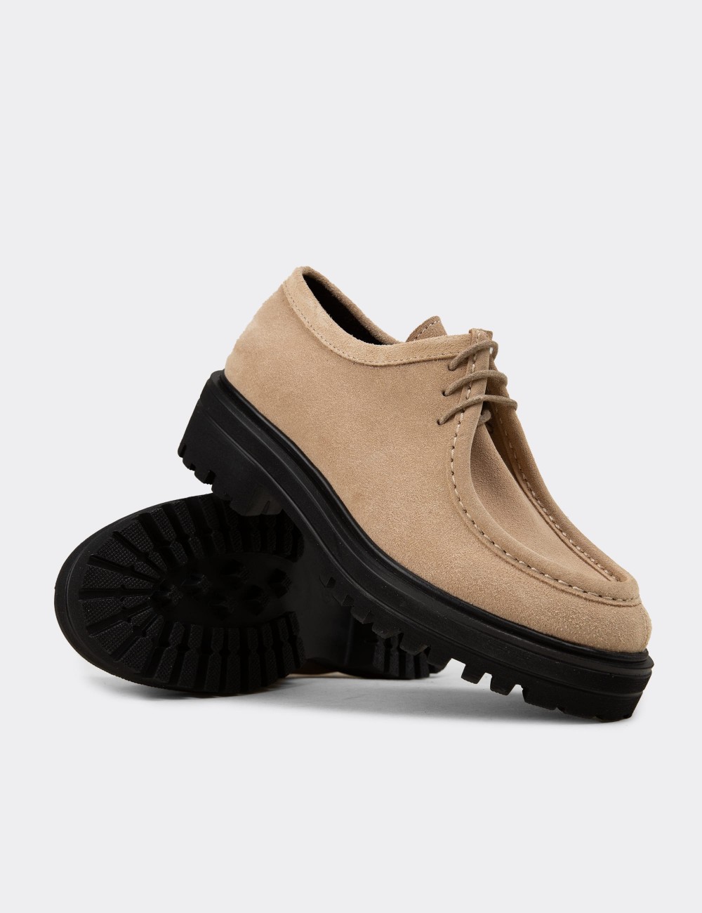 Women's Beige Suede Leather Lace-Up Footwear - 02019ZBEJE02