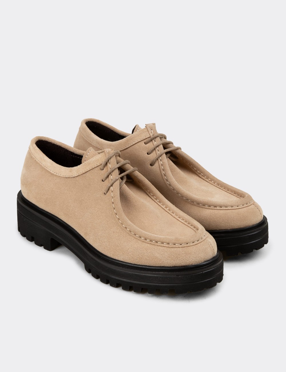 Women's Beige Suede Leather Lace-Up Footwear - 02019ZBEJE02