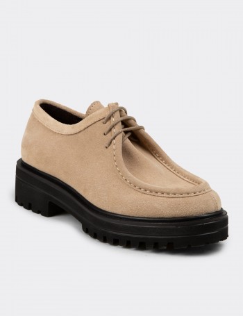 Women's Beige Suede Leather Lace-Up Footwear