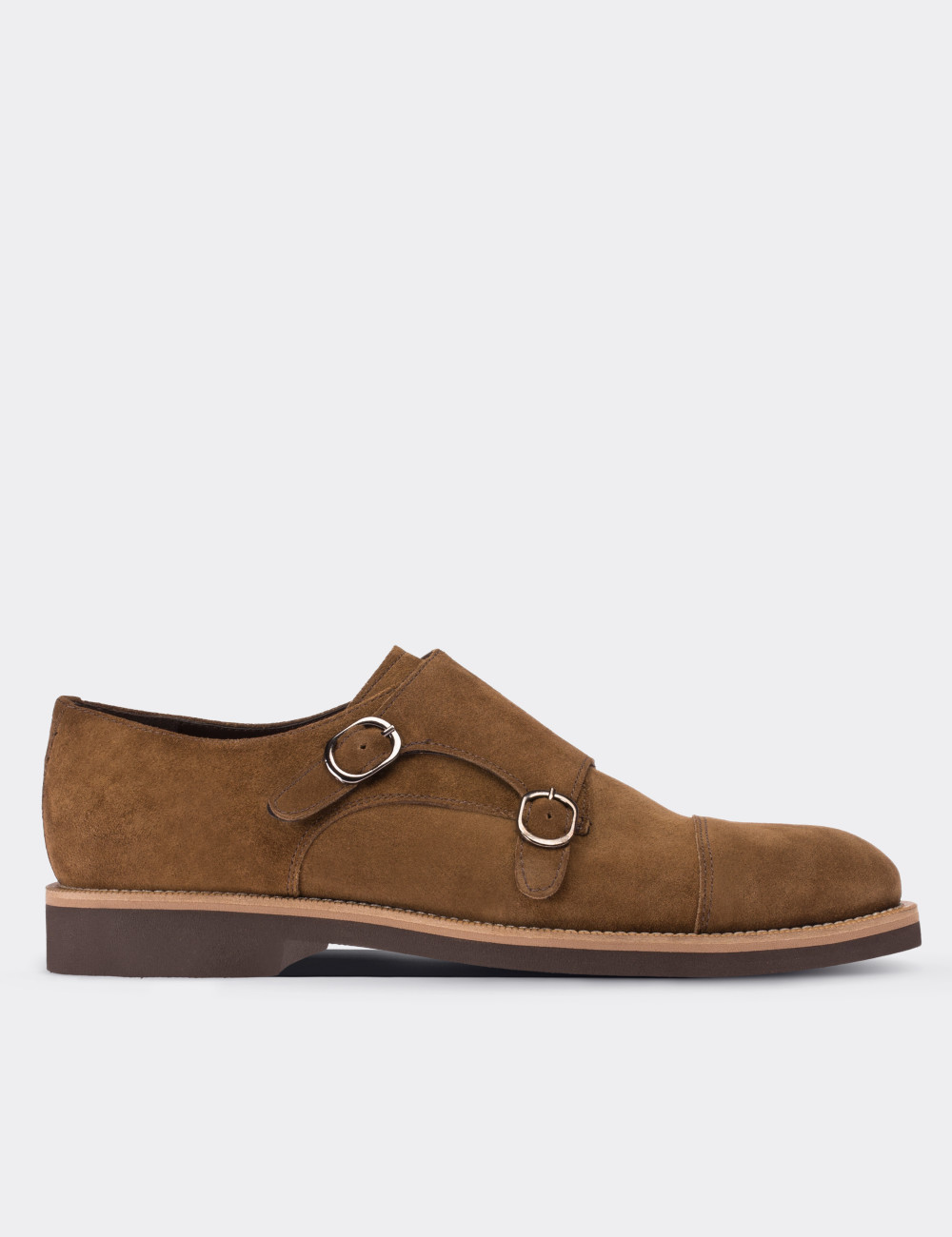 Tan Suede Leather Monk Straps Shoes - 01566MTBAE01