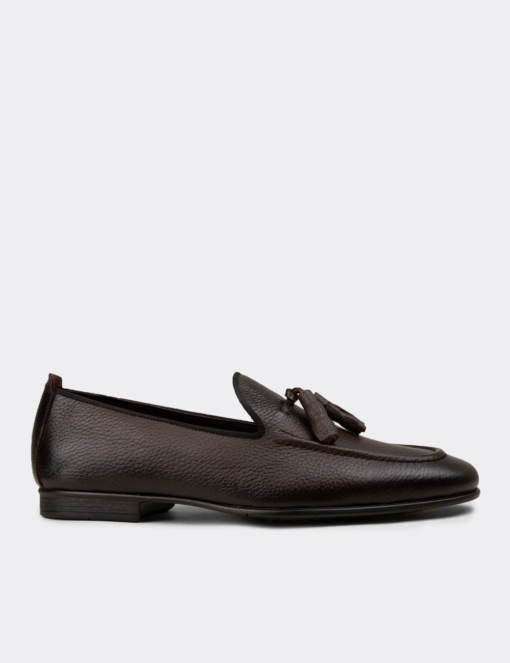 Men's Brown Leather Loafers with Tassel - 01701MKHVC94