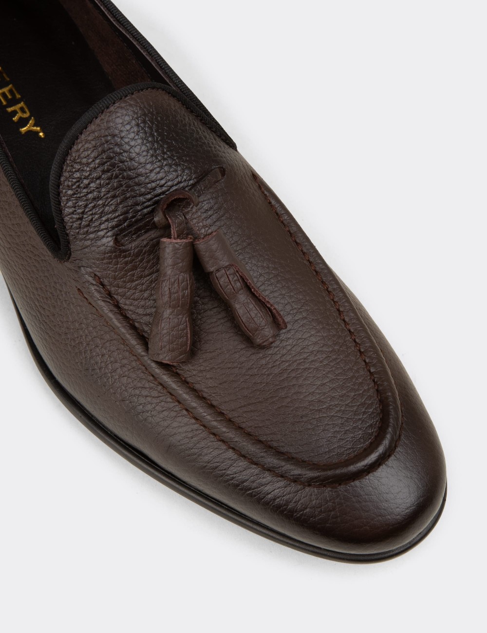 Men's Brown Leather Loafers with Tassel - 01701MKHVC94