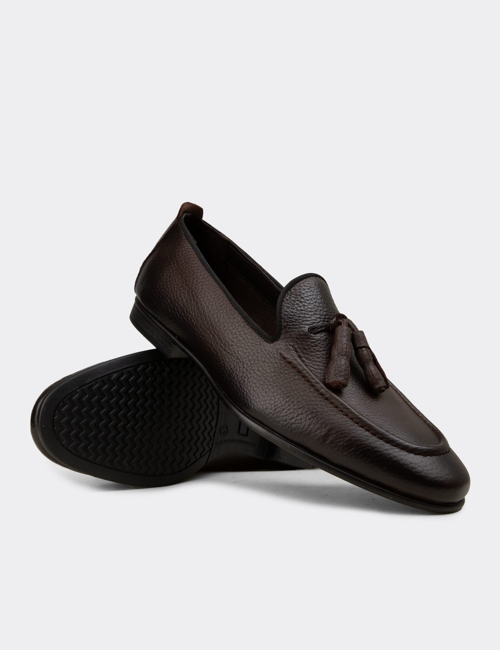Men's Brown Leather Loafers with Tassel - 01701MKHVC94