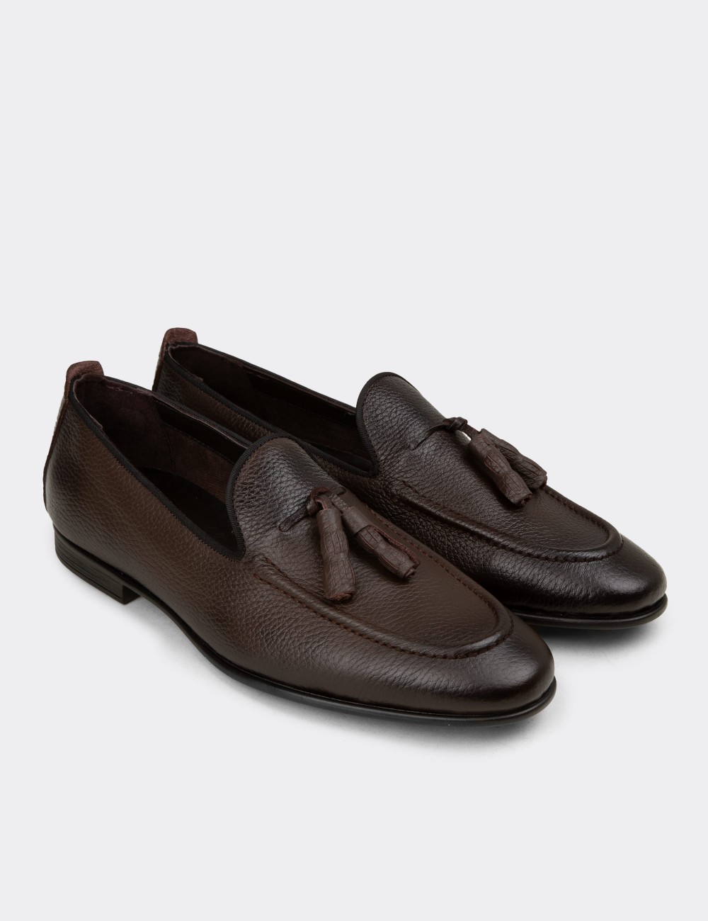 Men's Brown Leather Loafers with Tassel - 01701MKHVC94