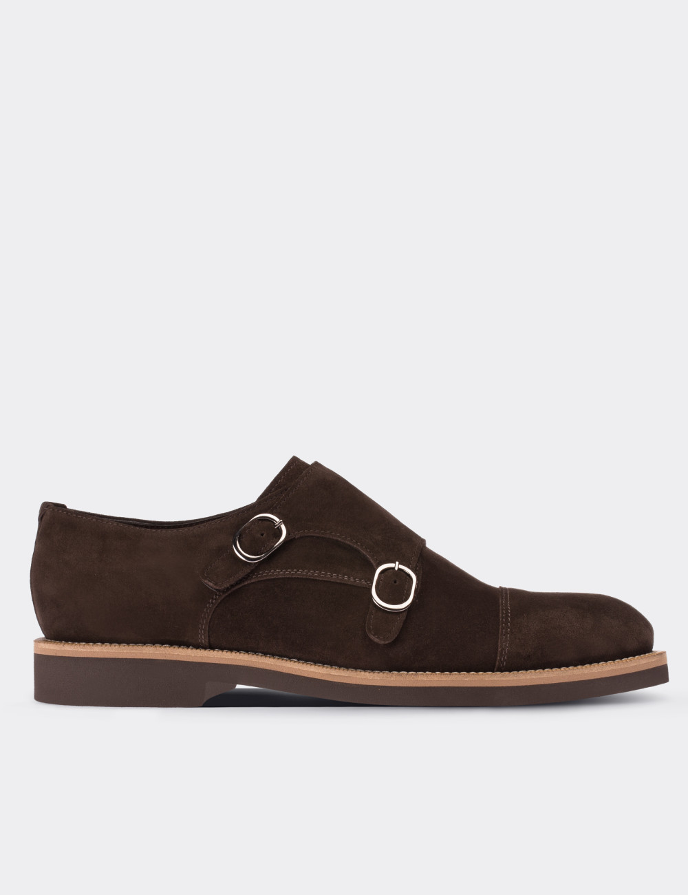 Brown Suede Leather Monk Straps Shoes - 01566MKHVE01