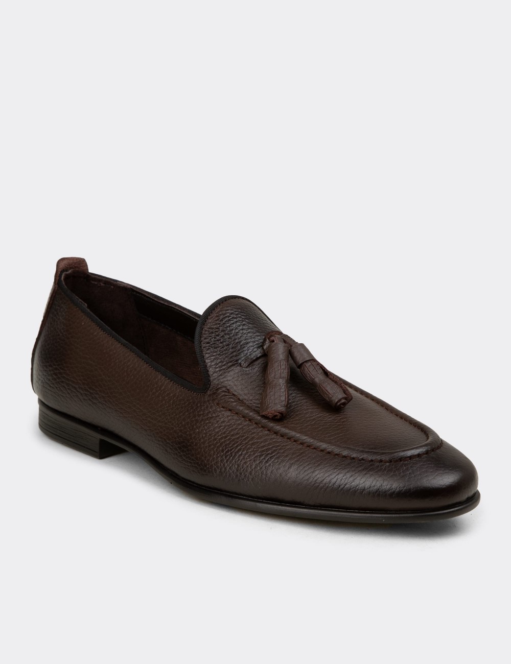 Men's Brown Leather Loafers with Tassel - 01701MKHVC94