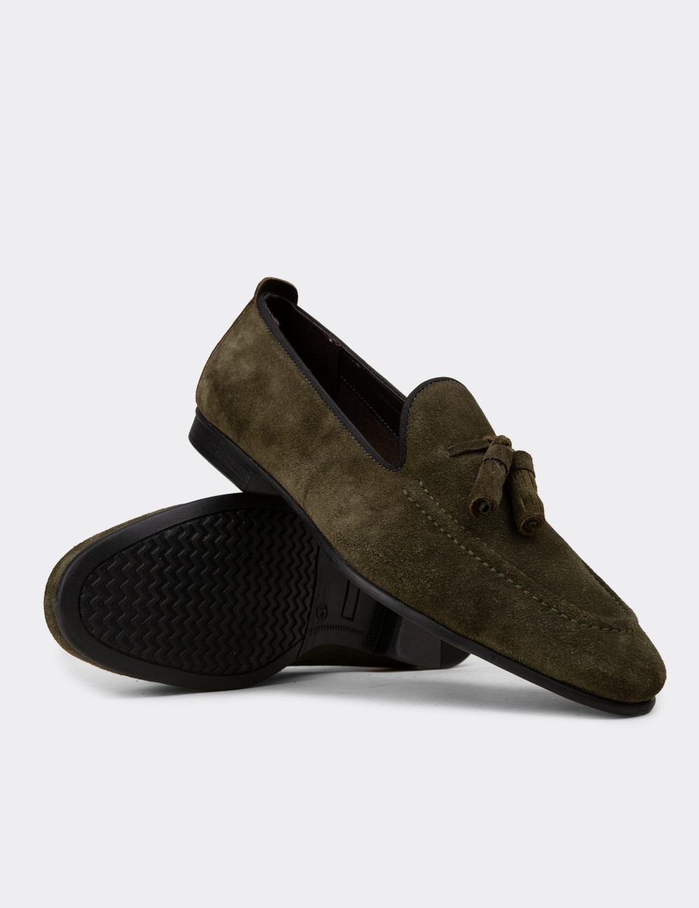 Men's Green Leather Loafers with Tassels - 01701MYSLC09