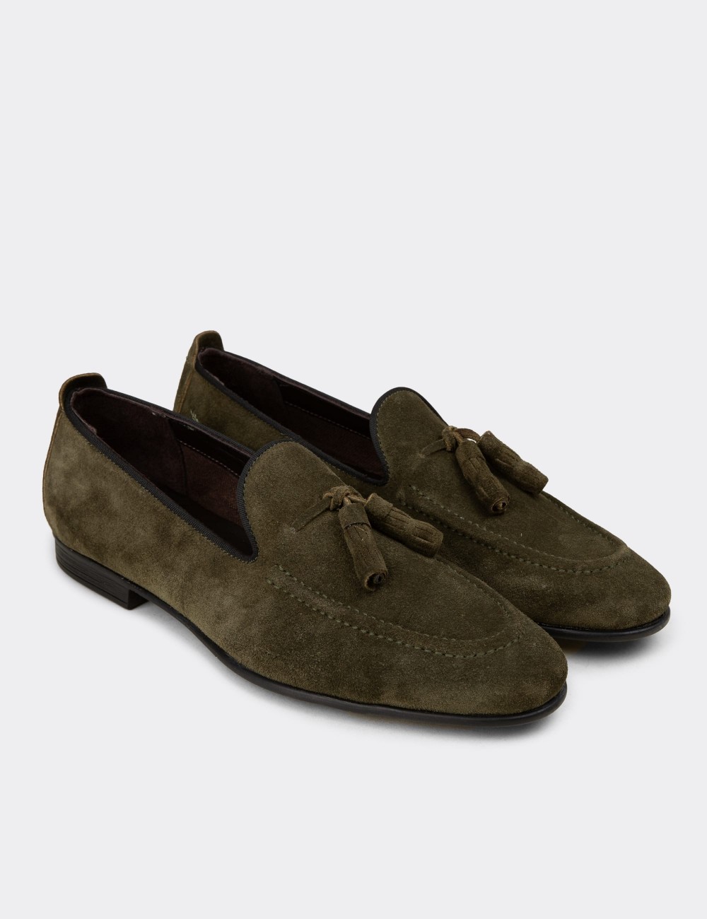 Men's Green Leather Loafers with Tassels - 01701MYSLC09