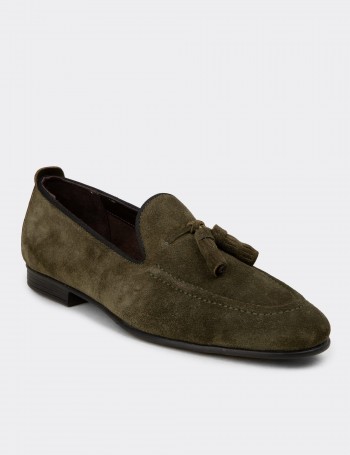 Men's Green Leather Loafers with Tassels