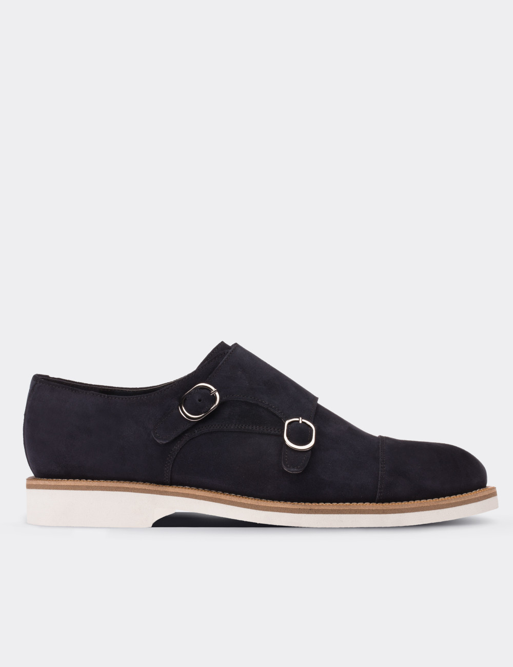 Navy Suede Leather Monk Straps Shoes - 01566MLCVE02
