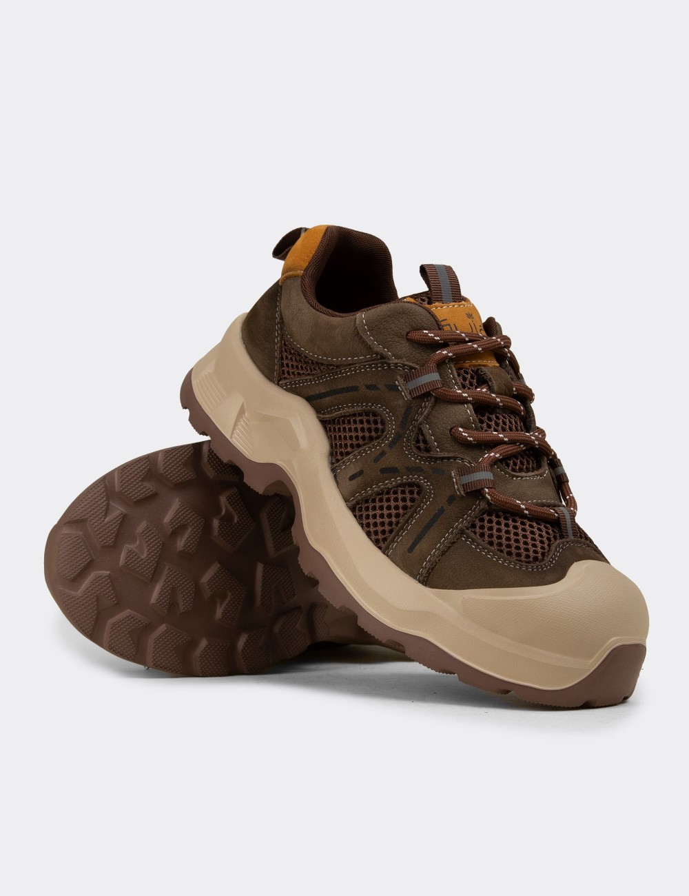 Female Khaki Suede Leather Sneakers - 26389ZHAKE01