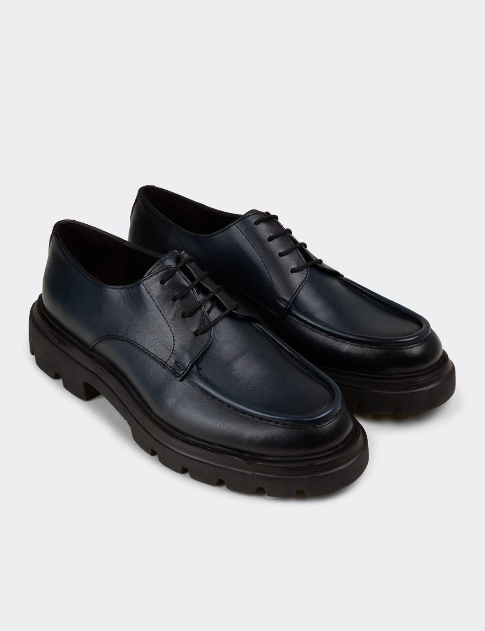 Men's Navy Leather Oxford Shoes - 01981MLCVE03