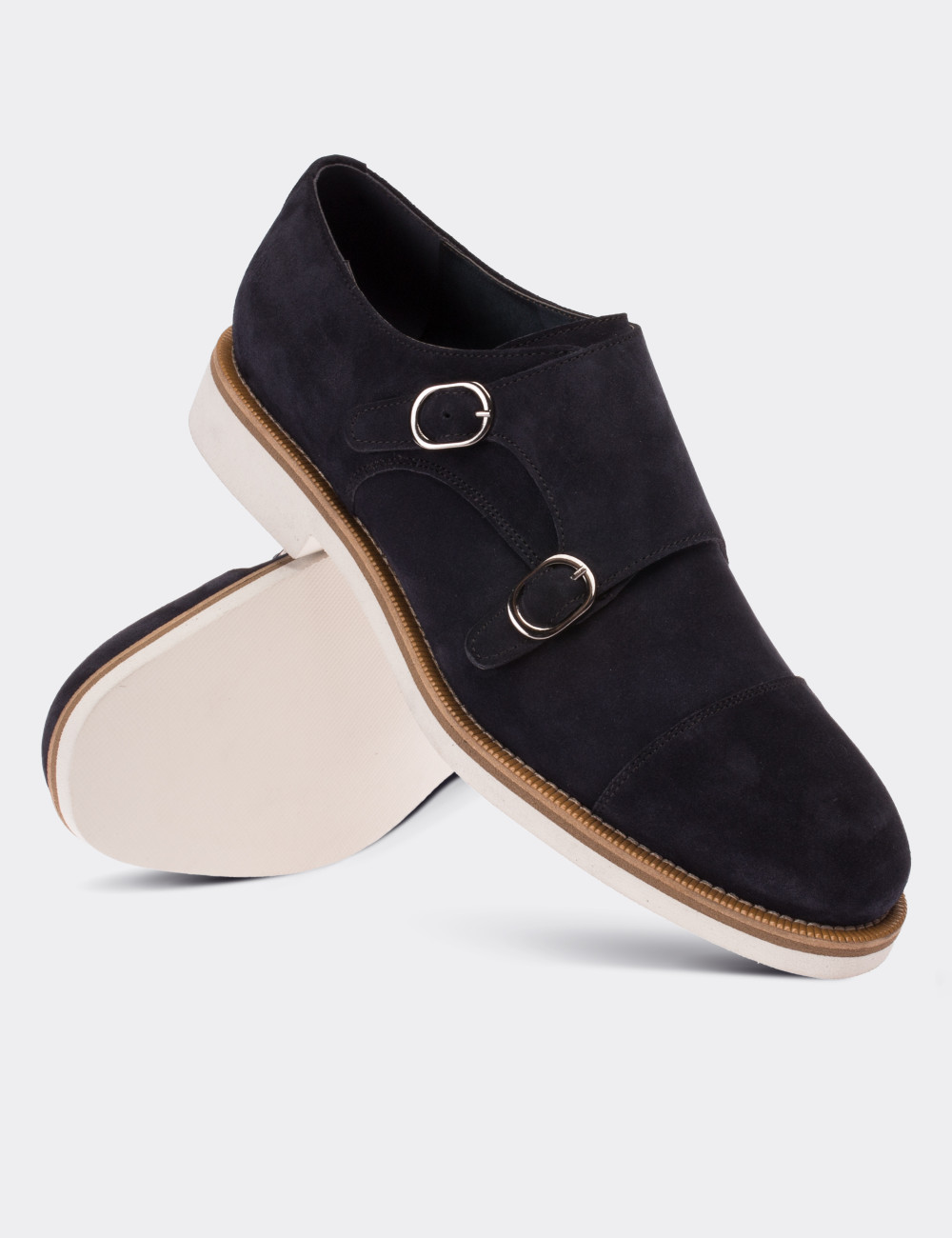 Navy Suede Leather Monk Straps Shoes - 01566MLCVE02