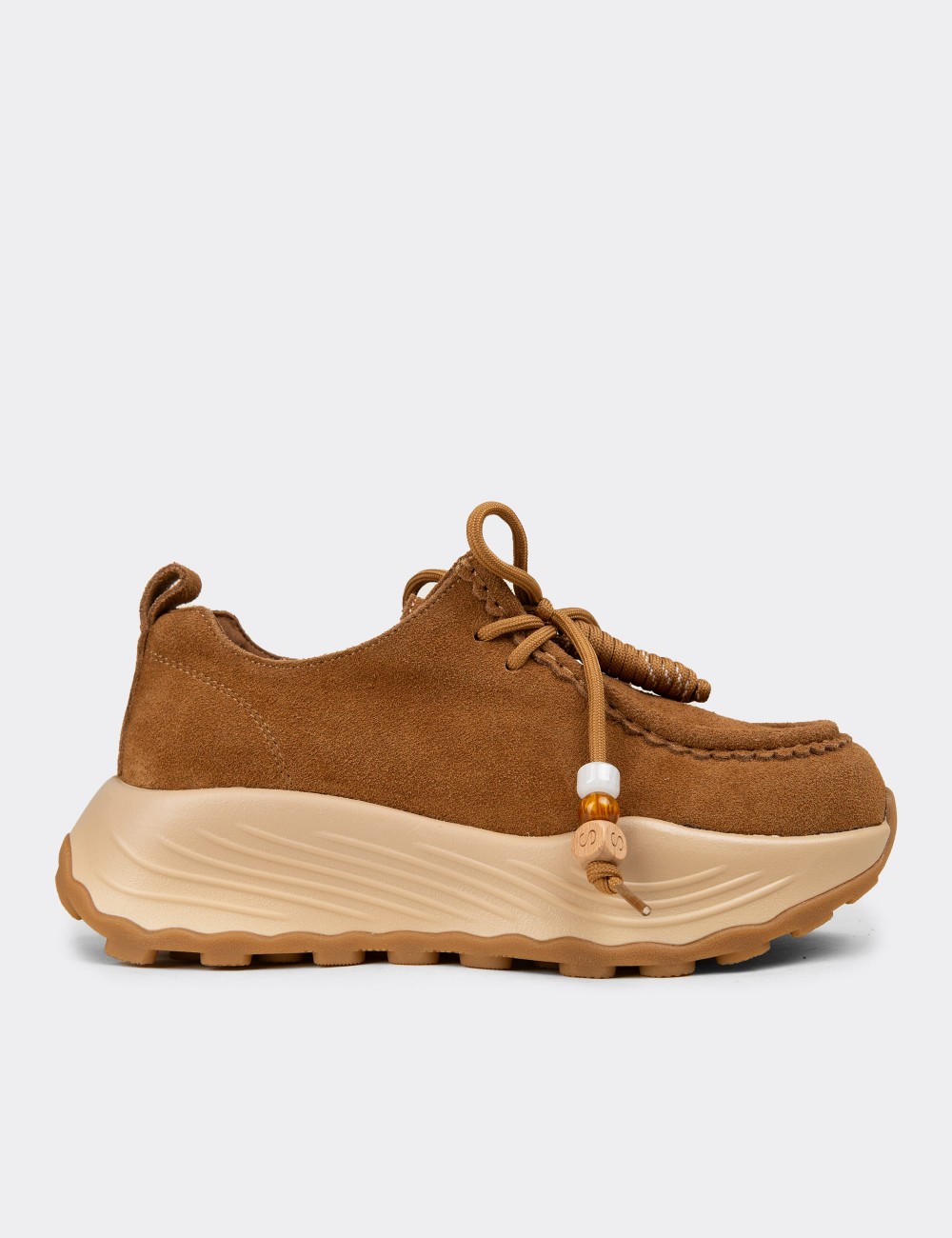 Women's Tan Suede Leather Sneakers - 26335ZTBAC01