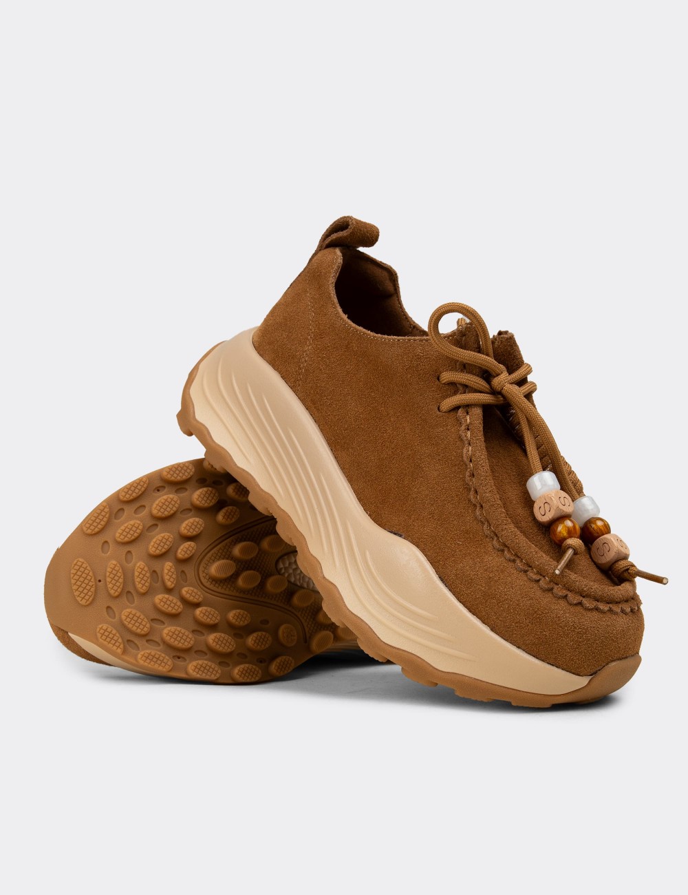 Women's Tan Suede Leather Sneakers - 26335ZTBAC01