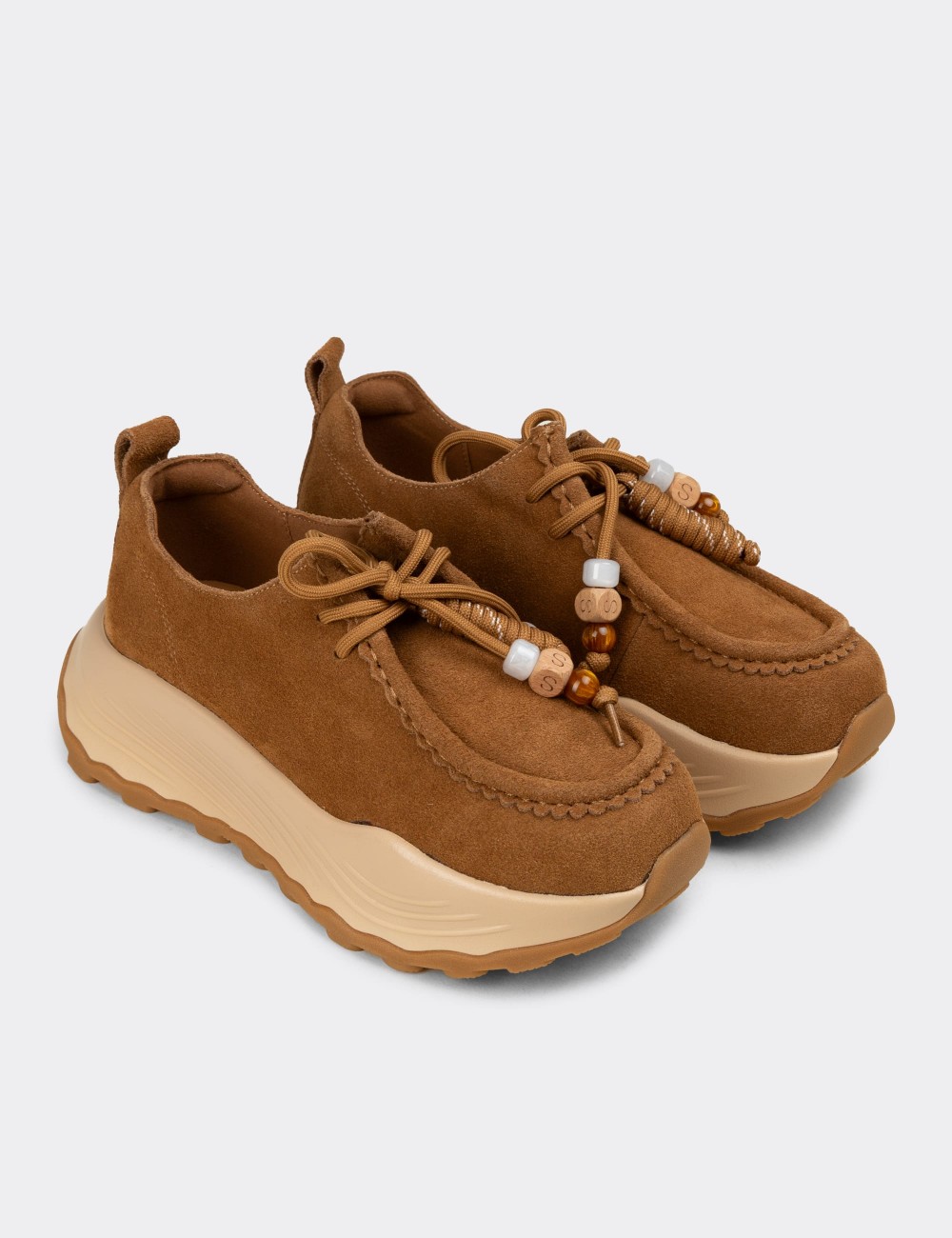 Women's Tan Suede Leather Sneakers - 26335ZTBAC01
