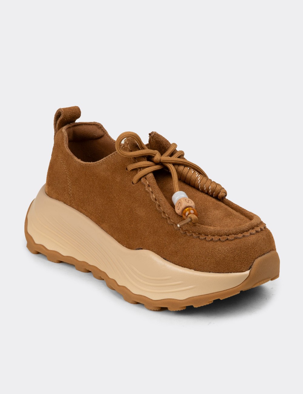 Women's Tan Suede Leather Sneakers - 26335ZTBAC01