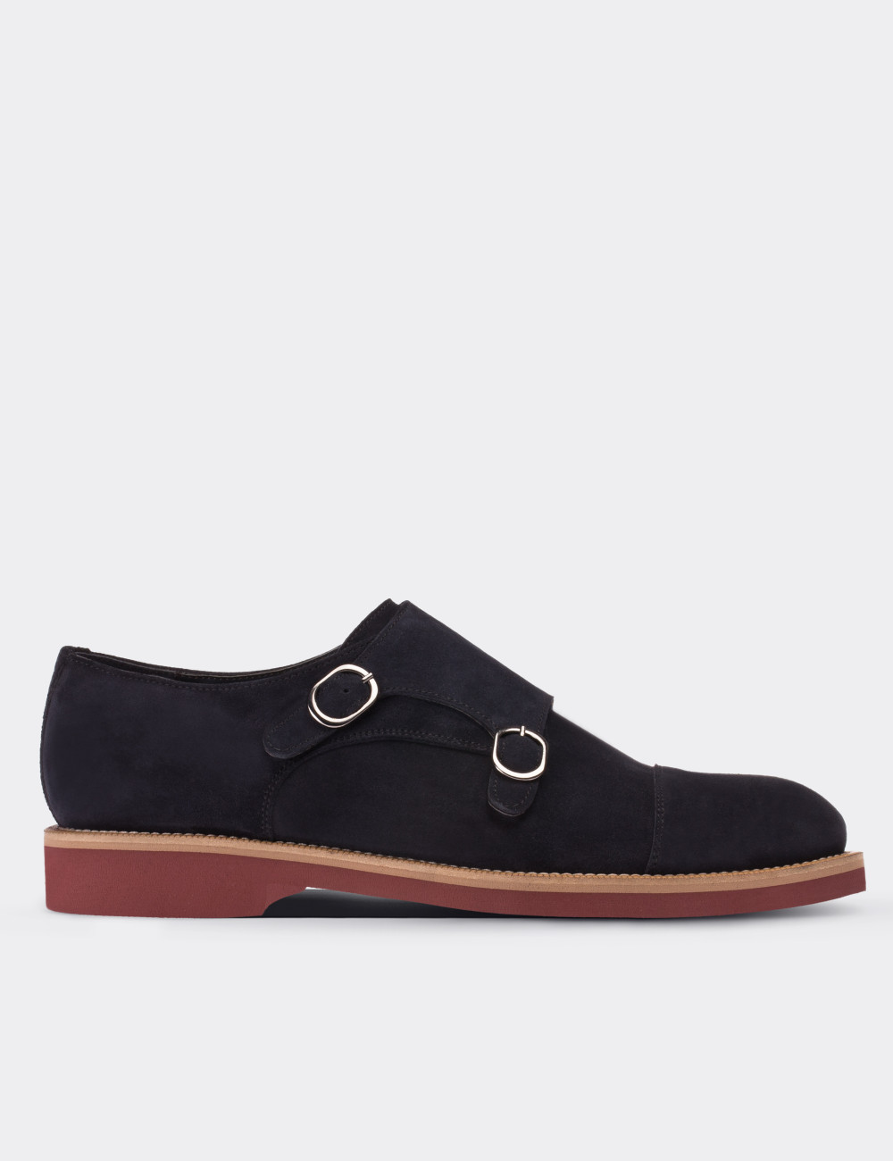 Navy Suede Leather Monk Straps Shoes - 01566MLCVE01