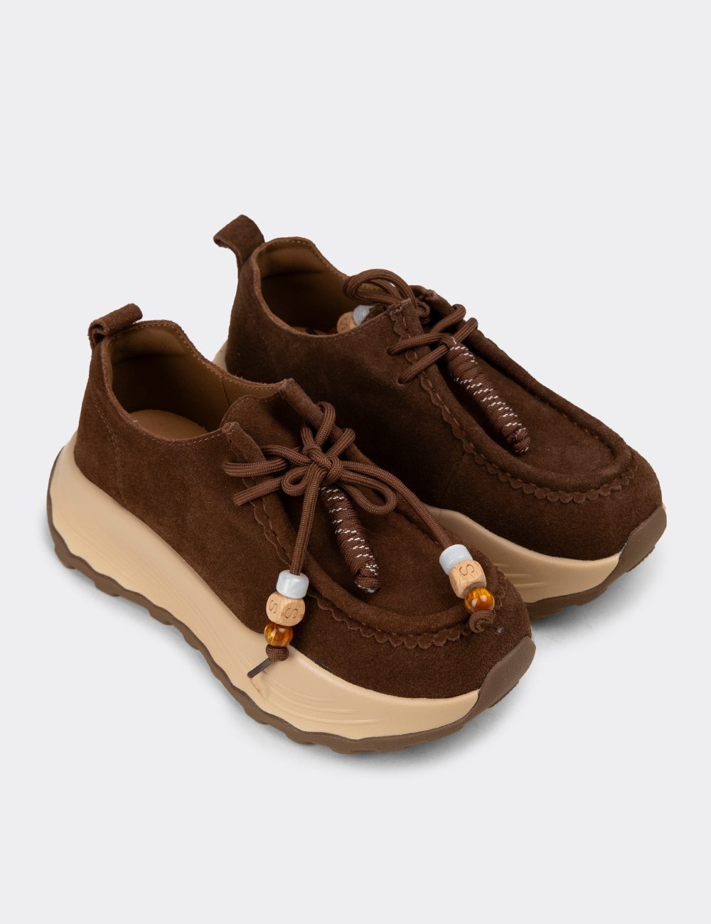 Women's Brown Suede Leather Sneakers - 26335ZKHVC01