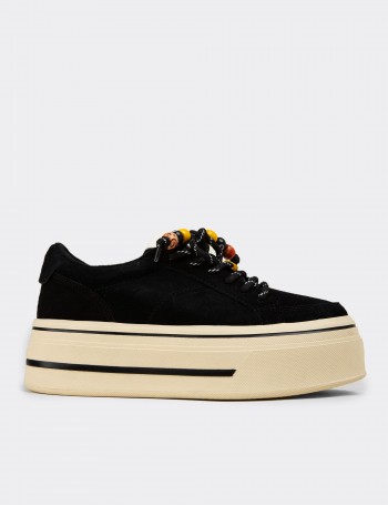 Women's Black Suede Leather Platform Sneakers