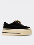 Women's Black Suede Leather Platform Sneakers