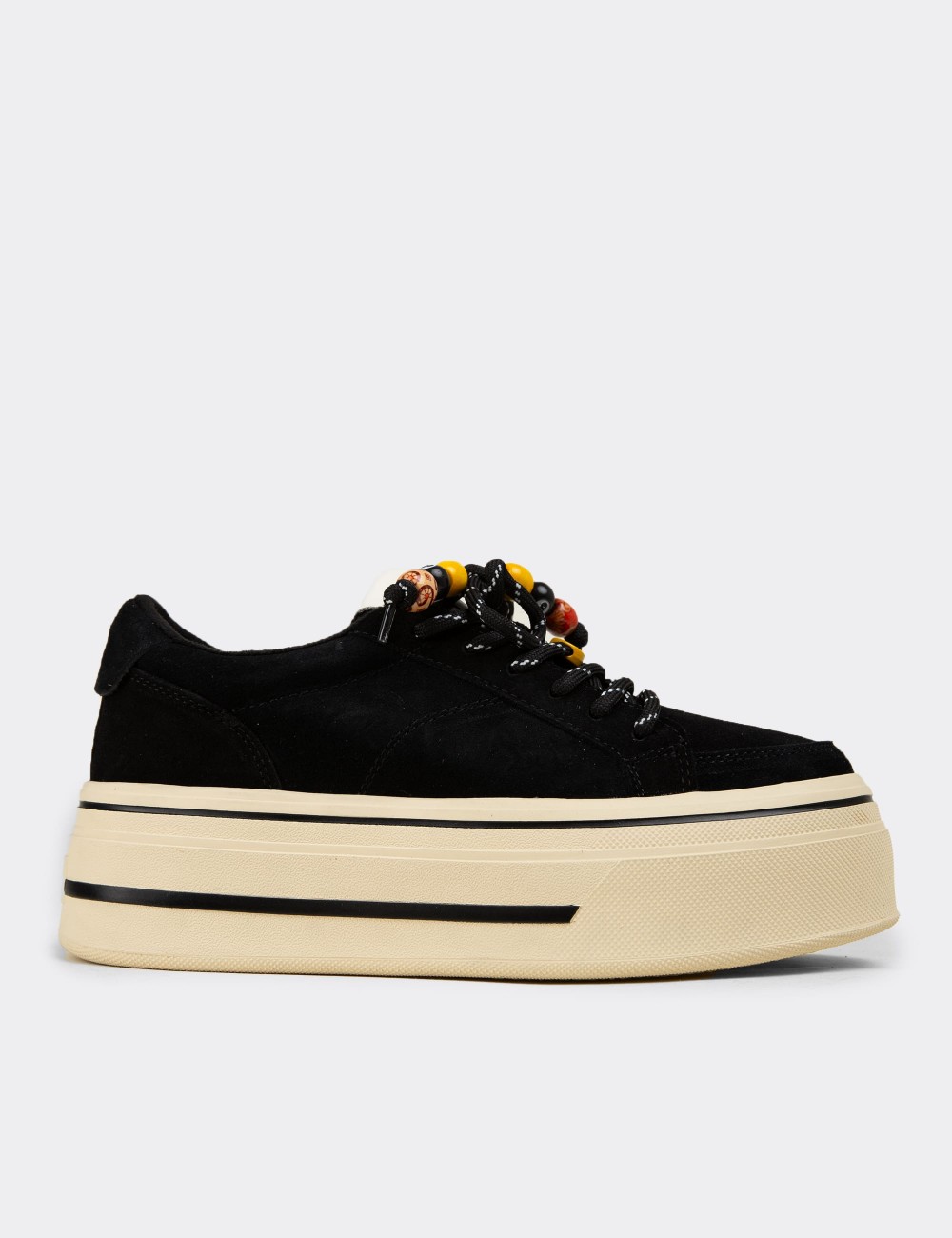 Women's Black Suede Leather Platform Sneakers - 26366ZSYHC03