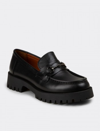 Women's Black Leather Loafers with Buckle