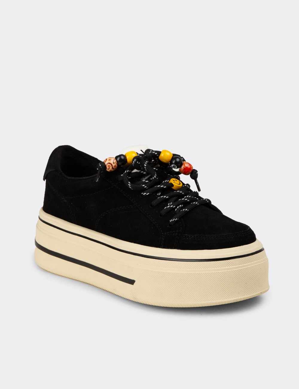 Women's Black Suede Leather Platform Sneakers - 26366ZSYHC03