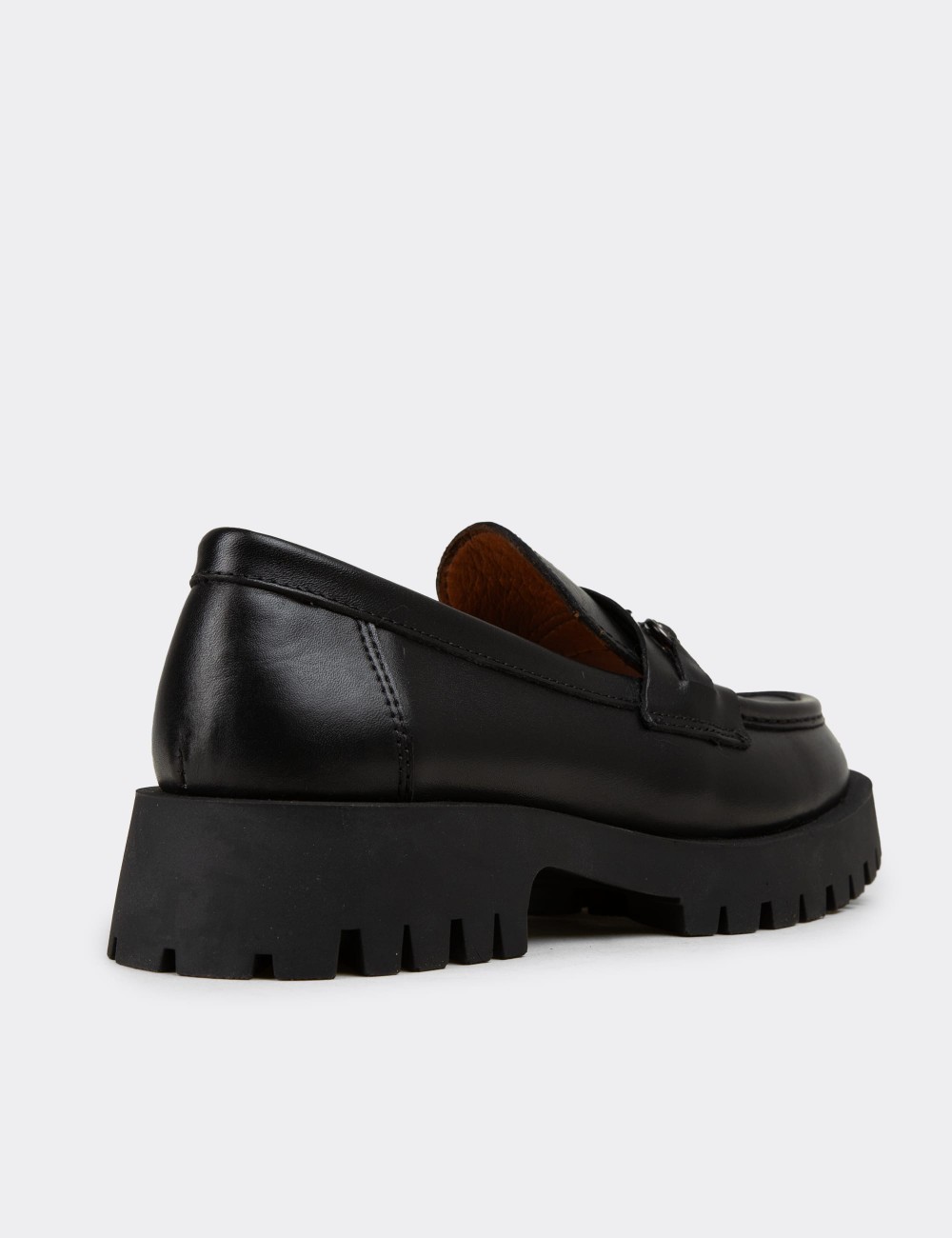 Women's Black Leather Loafers with Buckle - 02024ZSYHE03