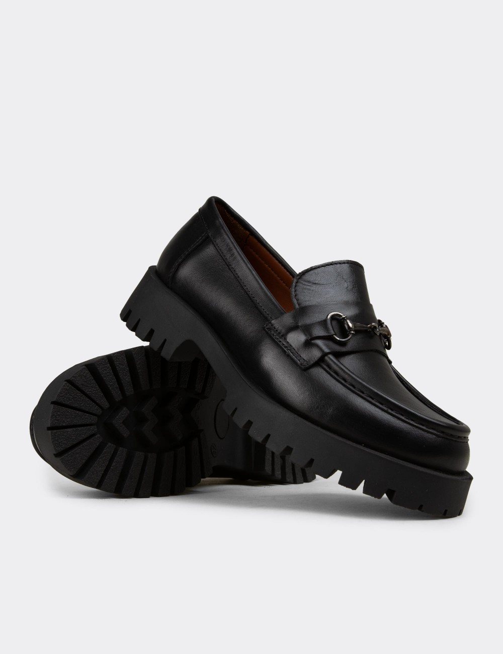 Women's Black Leather Loafers with Buckle - 02024ZSYHE03