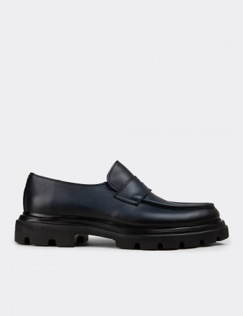 Men's Navy Leather Loafers