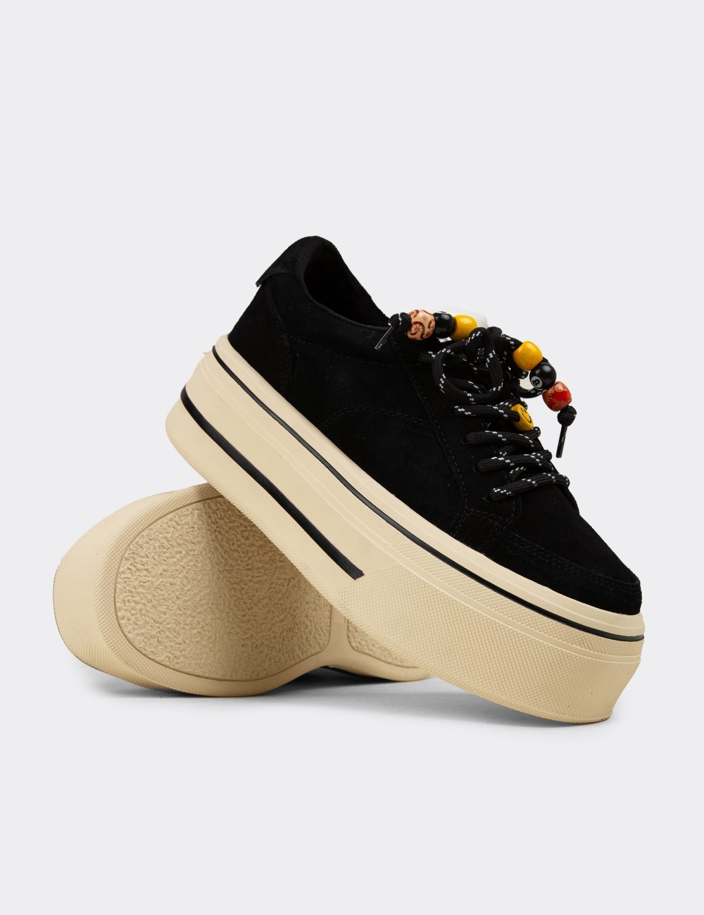Women's Black Suede Leather Platform Sneakers - 26366ZSYHC03