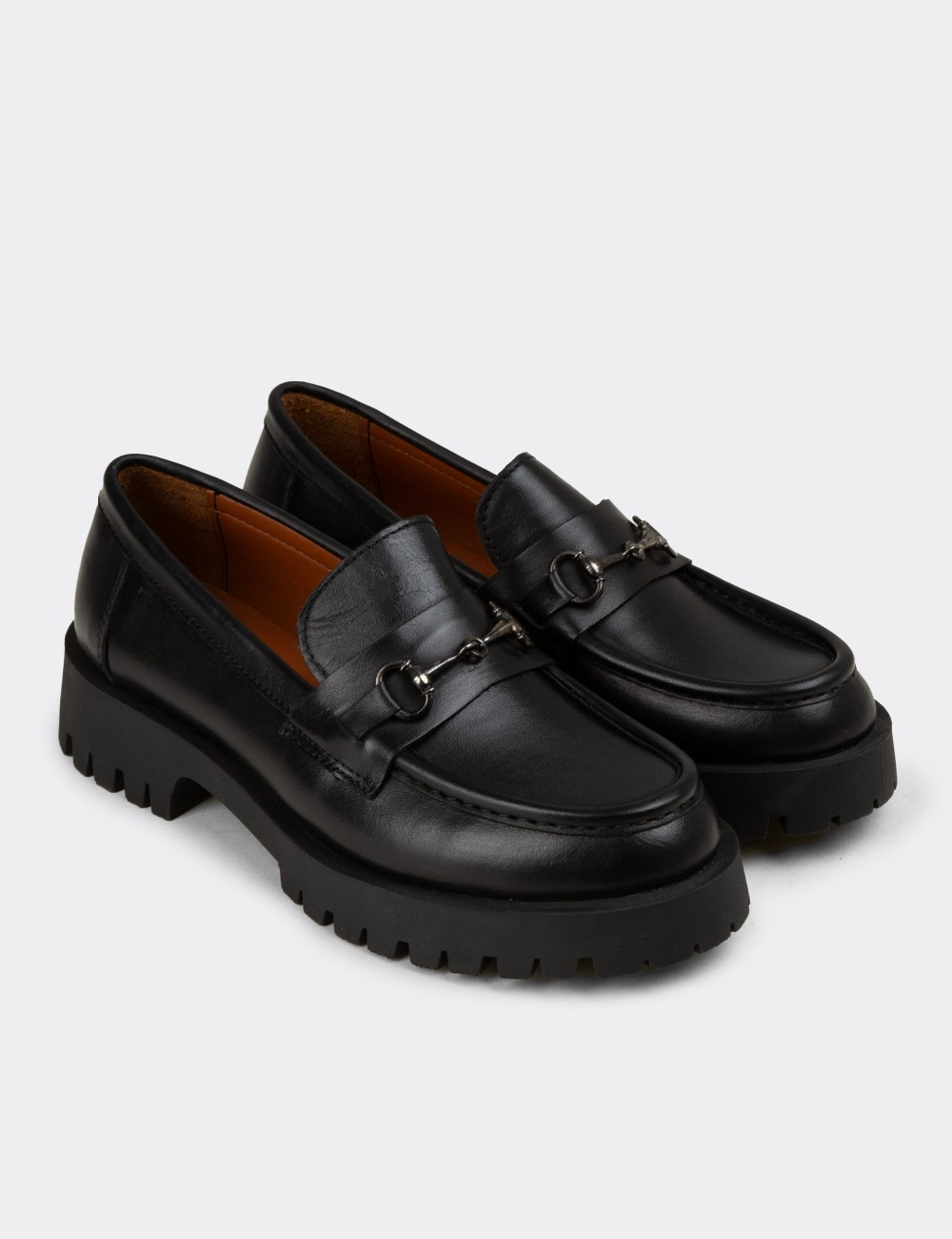 Women's Black Leather Loafers with Buckle - 02024ZSYHE03