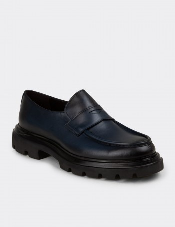 Men's Navy Leather Loafers