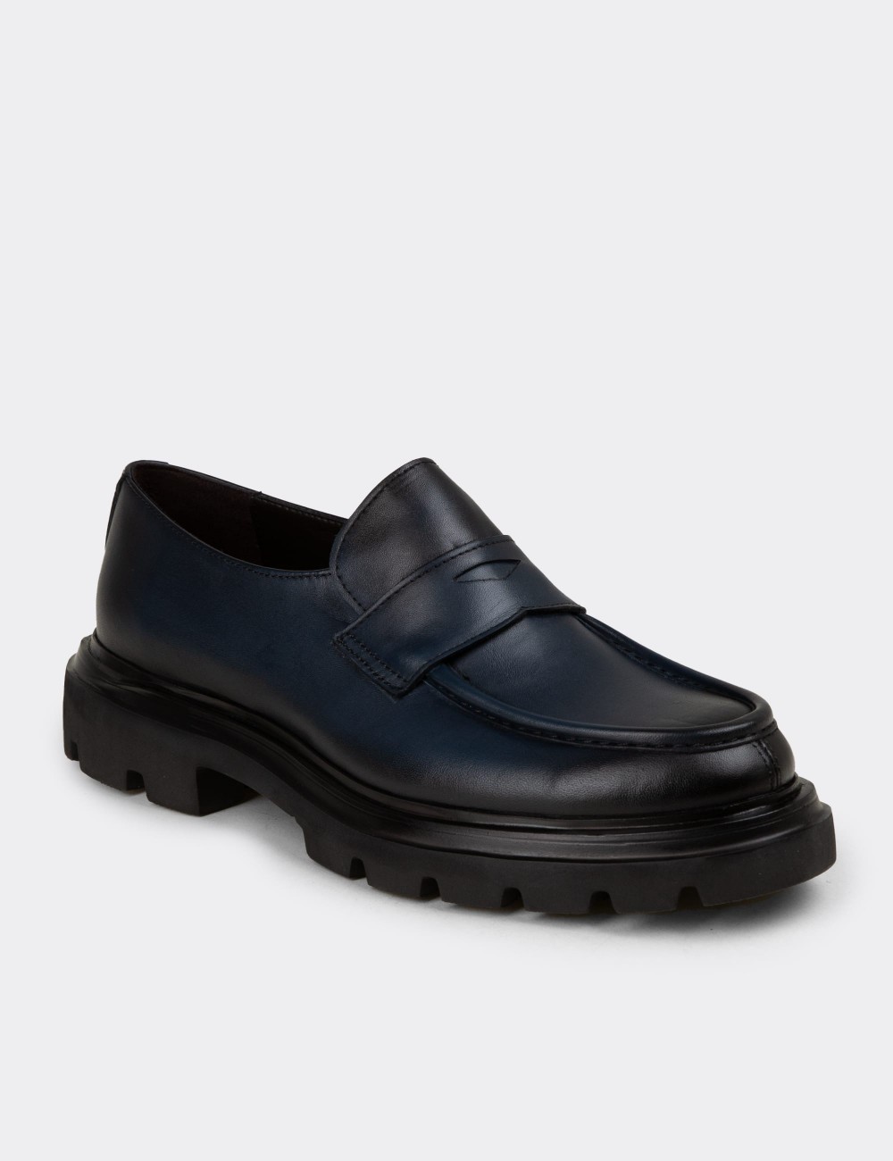 Men's Navy Leather Loafers - 01980MLCVE02