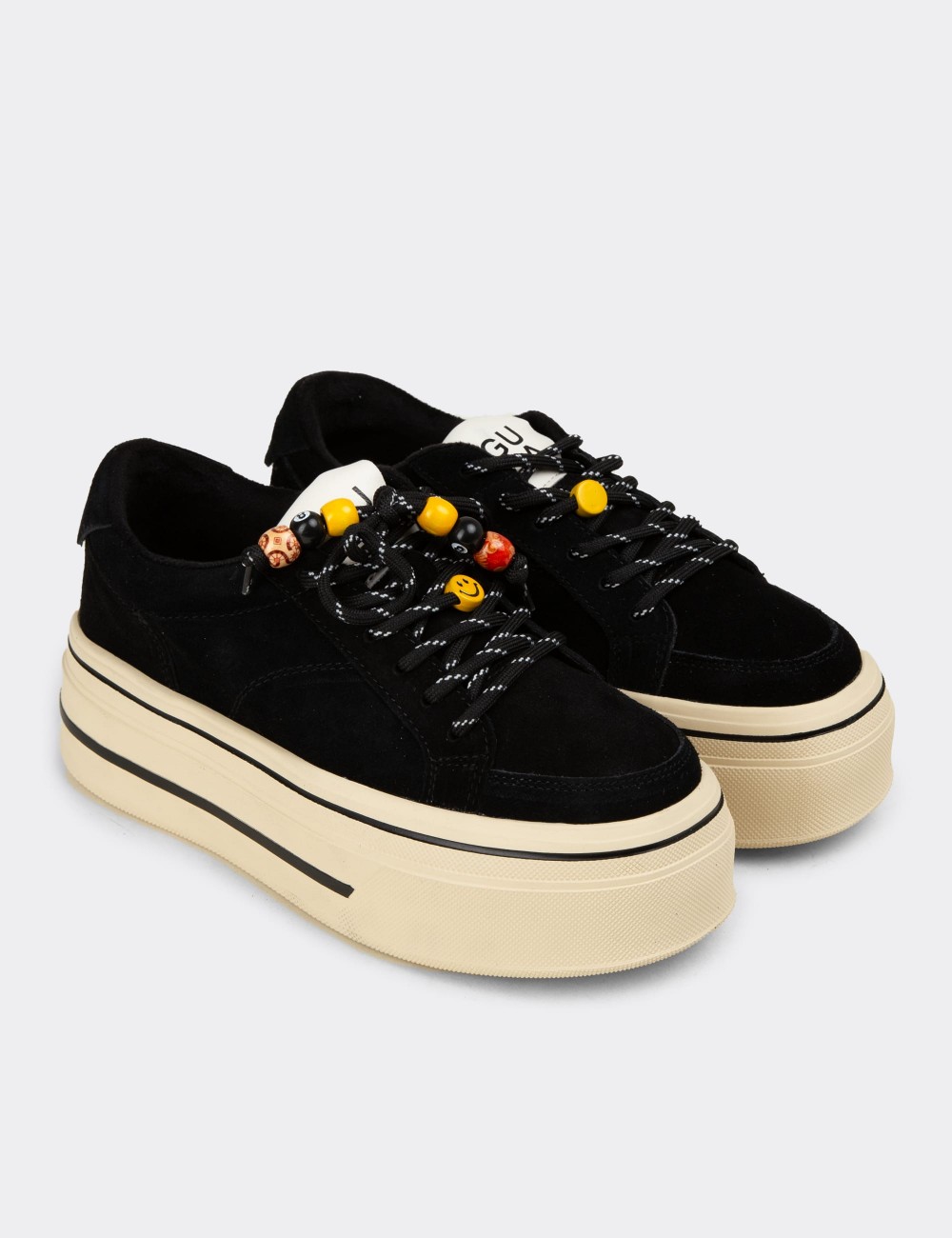 Women's Black Suede Leather Platform Sneakers - 26366ZSYHC03